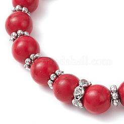 Halloween Brass Crystal Rhinestone & Dyed Synthetic Turquoise Skull & Round Beaded Stretch Bracelets for Men Women&nbsp;BJEW-JB12254-01