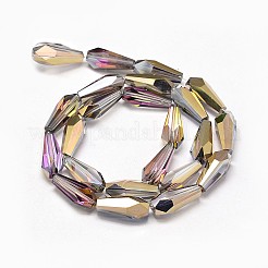 ハーフメッキファセットティアドロップ  ガラスビーズ連売り  黄金メッキ  18x8mm  穴：1mm  約23個/連  16.5インチ&nbsp;X-EGLA-J096-HP02