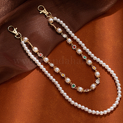 1Pc Plastic Imitation Pearl Round Beaded Alloy Rhinestone Link Chain Double Layered Chain Belts for Pants&nbsp;AJEW-CP0009-84