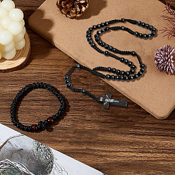 Cross Polyester Woven Wood Beads Pray Pendant Necklaces & Stretch Bracelets Sets&nbsp;SJEW-DC0001-01