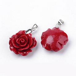 染色された合成サンゴペンダント  真鍮パーツ  花  暗赤色  20x20.5x10mm  穴：3.5x5mm&nbsp;CORA-S023-17