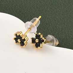 Brass Micro Pave Cubic Zirconia Flower Stud Earrings&nbsp;EJEW-D337-03G
