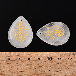 天然石クオーツクリスタルペンダント  金色の金属で編まれたハムサの手が付いた涙型のチャーム  32.5~33.5x24.5~25.5x7~8mm  穴：2mm&nbsp;G-N345-05F