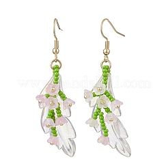 手作りのガラスシードビーズのダングルイヤリング  アクリルと  ゴールドカラー  ユリの花の枝  パールピンク  62x14~20mm&nbsp;EJEW-MZ00546-01