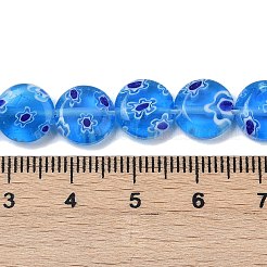 ハンドメイドミッレフィオーリ ランプワークビーズ連売り  フラットラウンド  ディープスカイブルー  9.5~10x3.5~4mm  穴：0.6mm  約36個/連  13.90''~14.41''（35.3~36.6センチメートル）&nbsp;LAMP-G166-17B-03