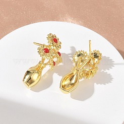 女性のための真鍮エナメル スタッド イヤリング  花  ラックめっき  長持ちメッキ  鉛フリー＆カドミウムフリー  18KGP本金メッキ  30x15mm&nbsp;EJEW-A168-01G
