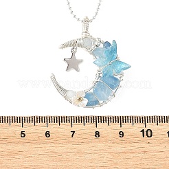 天然アクアマリン、ローズクォーツ、イエローフローライト、ラベンダーアメジストを使用した4色のワイヤーラップムーンモチーフ、アクリル製蝶のペンダント付き、304ステンレススチール製ボールチェーンネックレス（4個）  銀色のメッキ  ミックスカラー  17.72インチ（45cm）  1pc /カラー&nbsp;NJEW-TA00266