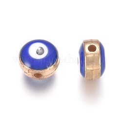アクリルエナメルビーズ  ナザールボンジュウ付きフラットラウンド  ゴールドカラー  ミディアムブルー  7.5x5.5mm  穴：1.5mm&nbsp;ACRC-WH0001-01C