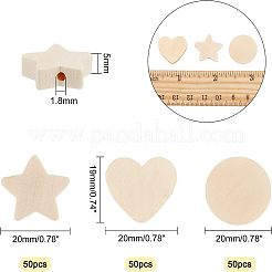 150Pcs 3 Style Star & Heart & Flat Round Unfinished Wood Beads&nbsp;WOOD-OC0002-16