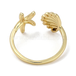 貝殻の形とヒトデのラックメッキ真鍮カフ指輪女性用  カドミウムフリー＆鉛フリー  長持ちメッキ  18KGP本金メッキ  11.5mm  内径：18.5mm&nbsp;RJEW-C114-07G