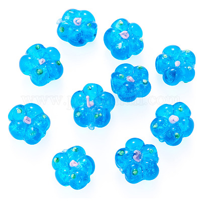 10個の手作りランプワークビーズ  バンピー  花  ディープスカイブルー  13.5~14x14.5~15x7~8mm  穴：1.4mm&nbsp;LAMP-TADJ0001-01G-1