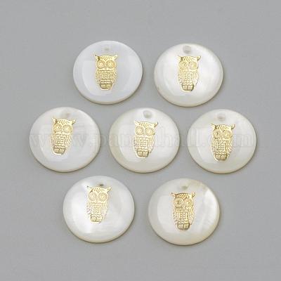 淡水シェルペンダント  フラットラウンド＆フクロウ  ゴールドカラー  16x3.5~4mm  穴：1.2mm&nbsp;SHEL-Q010-007G-1