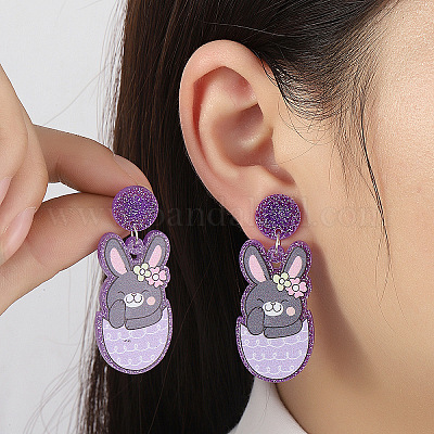 イースターアクリルダングルスタッドピアス  兎  パープル  49x25mm&nbsp;FS-WG96A64-07-1