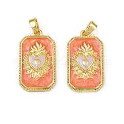Brass Enamel Pendants, Long-Lasting Plated, Lead Free & Cadmium Free, Rack Plating, Golden, Rectangle with Sacred Heart Heart Charms, Orange, 27.5x15.5x4mm, Hole: 5.5x3.5mm