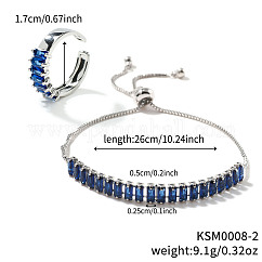 Elegant Fashion Rectangle Brass Rhinestone Slider Bracelets & Cuff Rings Sets, Prussian Blue