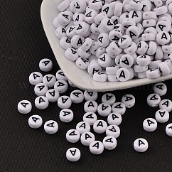 Acrylic Beads, with Horizontal Hole, Letter, Flat Round, Letter A, 7x4mm, Hole: 1.2~1.8mm, about 3500pcs/500g