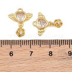 真鍮製マイクロパヴェキュービックジルコニアペンダント  翼と花のチャームが付いたハート  18KGP本金メッキ  透明  16x13x3.5mm  穴：1.4mm&nbsp;CU-CBA7392-09G-01
