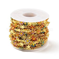 手作りの真鍮の花と星のリンク チェーン  エナメル  長持ちメッキ  ハンダ付け  スプールで  カラフル  8.5x7x0.5mm  12.5x7.5x2mm&nbsp;CHC-D032-16G