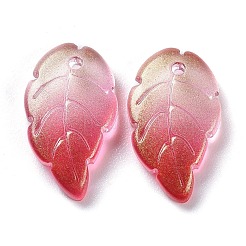 ベーキングペイントガラスペンダント  ツートン  グリッター金粉付き  葉  レッド  17.5x10x2.9mm  穴：1.2mm&nbsp;LS-EGLA-M027-02A-02