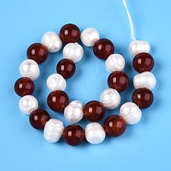 Natural Carnelian(Dyed & Heated) Round & Natural Cultured Freshwater Pearl Grooved Potato Beads Strands&nbsp;PEAR-N019-09