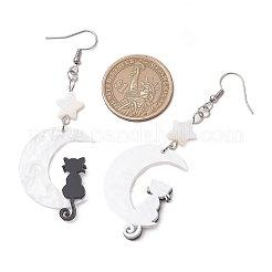 アクリルダングルピアス  シェルビーズ付き  猫と月  プラチナ  スター  76.5x26.5mm&nbsp;EJEW-JE06333-03