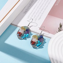 Natural & Synthetic Mixed Gemstone Chips Oval with Tree of Life Dangle Earrings&nbsp;EJEW-JE04880-02