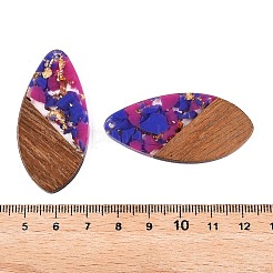 透明樹脂とクルミ材のペンダント  ゴールド箔のティアドロップチャーム  カメリア  48.5x23.5x3.5mm  穴：2mm&nbsp;RESI-T057-05G
