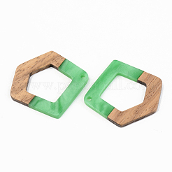不透明な樹脂とクルミ材のペンダント  ポリゴン  グリーン  35x31x3mm  穴：2mm&nbsp;RESI-S389-004A-C03