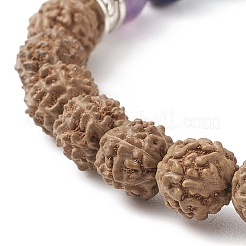 Natural Rudraksha Wood & Mixed Gemstone Stretch Bracelet with Alloy Lotus Charm&nbsp;BJEW-TA00151