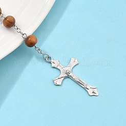 Religious Prayer Pine Wood Beaded Lariat Necklace&nbsp;BJEW-O140-04P