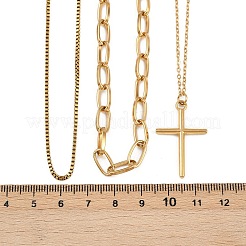 304ステンレススチールクロスペンダント3層ネックレス（女性用）  ゴールドカラー  16.34~19.29インチ（41.5~49cm）  3個/セット&nbsp;NJEW-F343-02G