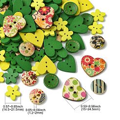 ウッドボタン  花/フラットラウンド/ハート  ミックスカラー  14.5~21.5x15~24.5x2.5~4mm  穴：1.2~2mm  117個/袋&nbsp;DIY-CJC0006-07