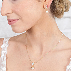 Round Brass Micro Pave Clear Cubic Zirconia with Plastic Pearl Pendant Necklace & Stud Dangle Earring&nbsp;FS-WG1CF3E-01