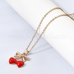 Brass Pave Clear Cubic Zirconia Enamel Bowknot Red Cherry Pendant 304 Stainless Steel Cable Chain Necklaces for Women&nbsp;NJEW-H092-03G