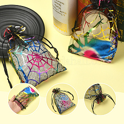 ハロウィーンテーマのクモ柄オーガンジー巾着バッグ  長方形  パープル  15.5x10x0.03cm&nbsp;ABAG-WH20021-006F