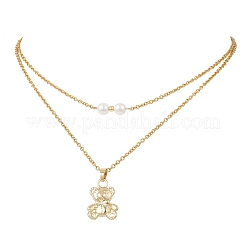 Alloy Bear and White Round Pendant 304 Stainless Steel Cable Chain Double Layer Necklaces for Women&nbsp;NJEW-JN05758-01