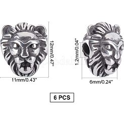 304ステンレススチールビーズ  ライオンヘッド  アンティークシルバー  12x11x6mm  穴：1.2mm  6個/箱&nbsp;STAS-UN0006-64AS