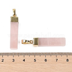 天然石ローズクォーツペンダント  真鍮製の金具が付いた直方体のチャーム  ゴールドカラー  34x7~7.5x7~7.5mm  穴：7x5mm&nbsp;KK-R214-01G