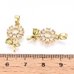 真鍮製マイクロパヴェキュービックジルコニアペンダント  花  16KGP本金メッキ  透明  20x10.5x3mm  穴：3x5mm&nbsp;KK-T071-135G-01