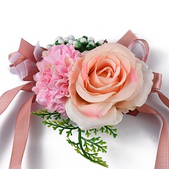 シルク手首コサージュ  プラスチック製の模造花付き  結婚式のための  パーティーの装飾  ピンク  350mm&nbsp;AJEW-WH0248-39C