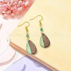 レジン&ウォールナットウッド ティアドロップダングルイヤリング  ガラスビーズのロングドロップイヤリング、鉄ピン付き  ミディアムアクアマリン  54x14.5mm&nbsp;EJEW-JE05445-01