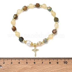 Brass Micro Pave Clear Cubic Zirconia Charm Natural Golden Silk Jade Round and Faceted Cube African Turquoise(Jasper) Beaded Stretch Bracelets for Women&nbsp;BJEW-JB14378-01