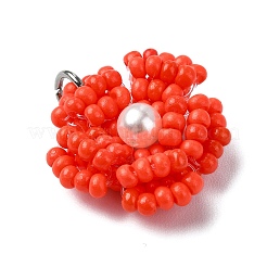 ガラスシードビーズデイジーペンダント  シェルパール＆ステンレスカラーの丸カン付き  レッド  18~19x18x4mm  穴：3.5mm&nbsp;PALLOY-MZ00462-05