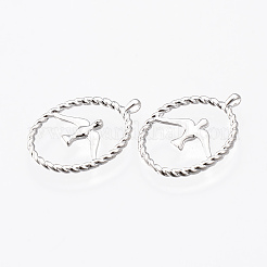 真鍮チャーム  ニッケルフリー  鳥との楕円形  プラチナ  25x18.5x2mm  穴：1.5mm&nbsp;KK-N232-182P-NF
