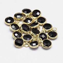 ガラスフラットラウンドチャーム  ゴールデンメッキ真鍮パーツ  多面カット  ブラック  9x6x3mm  穴：2mm&nbsp;KK-L091-03