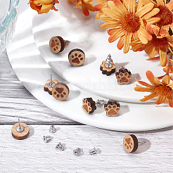 6 Pairs 2 Style Paw Print Wood Stud Earrings with Steel Iron Pins&nbsp;EJEW-SC0001-46