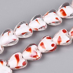内側の花の手作りランプワークビーズ連売り  ハート  ホワイト  13.5~15x14~16x8~9.5mm  穴：1~1.4mm  約19~20個/連  9.45~10.04''（24~25.5センチメートル）&nbsp;LAMP-T022-19