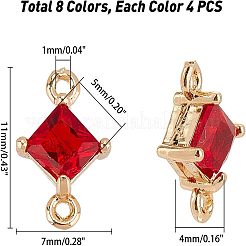 透明ガラスリンクコネクター  真鍮パーツ  多面カット  菱形  ライトゴールド  ミックスカラー  11x7x4mm  穴：1mm  辺の長さ：5mm  8色  4個/カラー  32個/箱&nbsp;GLAA-CA0001-08