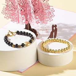 天然溶岩と合成ブラックストーンラウンドビーズエナジーストレッチブレスレットセット  ロータスフラットラウンドアロイビーズブレスレット  ハートクラスプブレスレット  アンティーク黄金  7-7/8インチ（20cm）  2インチ（5.2cm）  2個/セット&nbsp;BJEW-JB06969