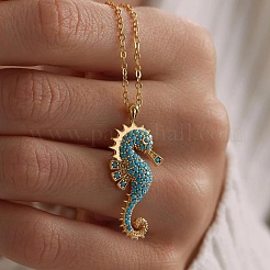 Ocean 304 Stainless Steel Aquamarine Rhinestone Sea Horse Pendant Cable Chain Necklaces for Women&nbsp;WGFC42F-01